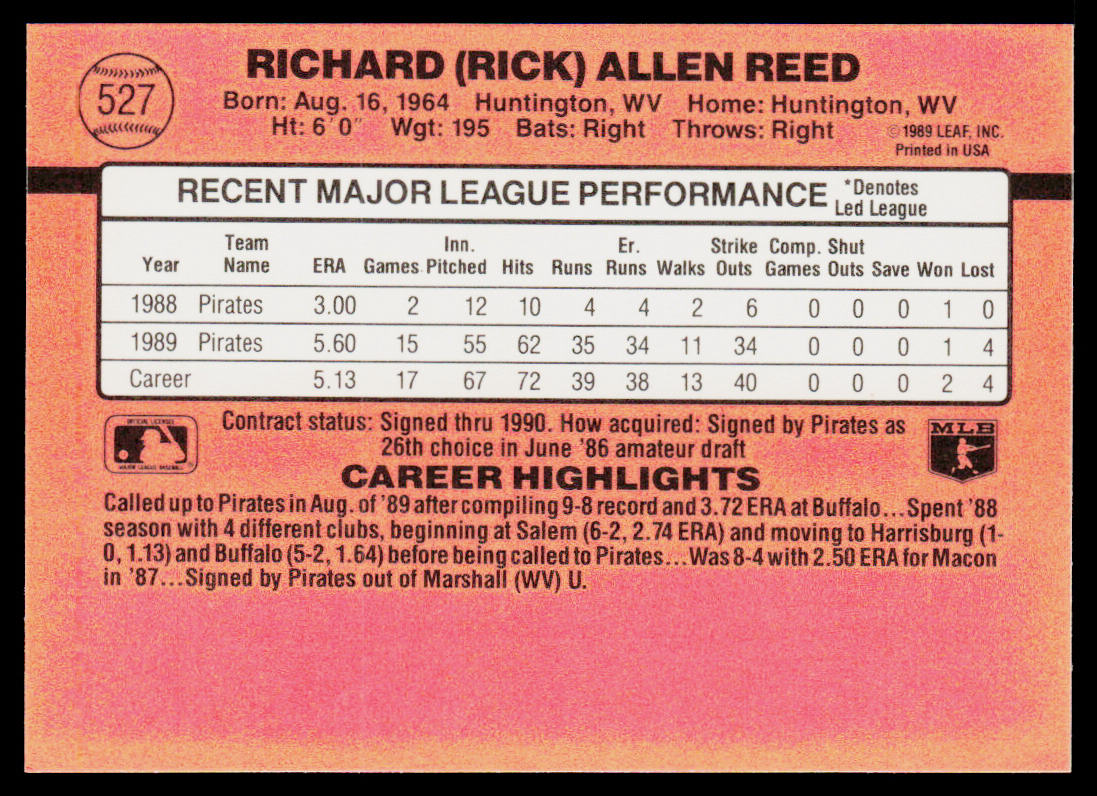Rick Reed 1990 Donruss #527b RC Pittsburgh Pirates