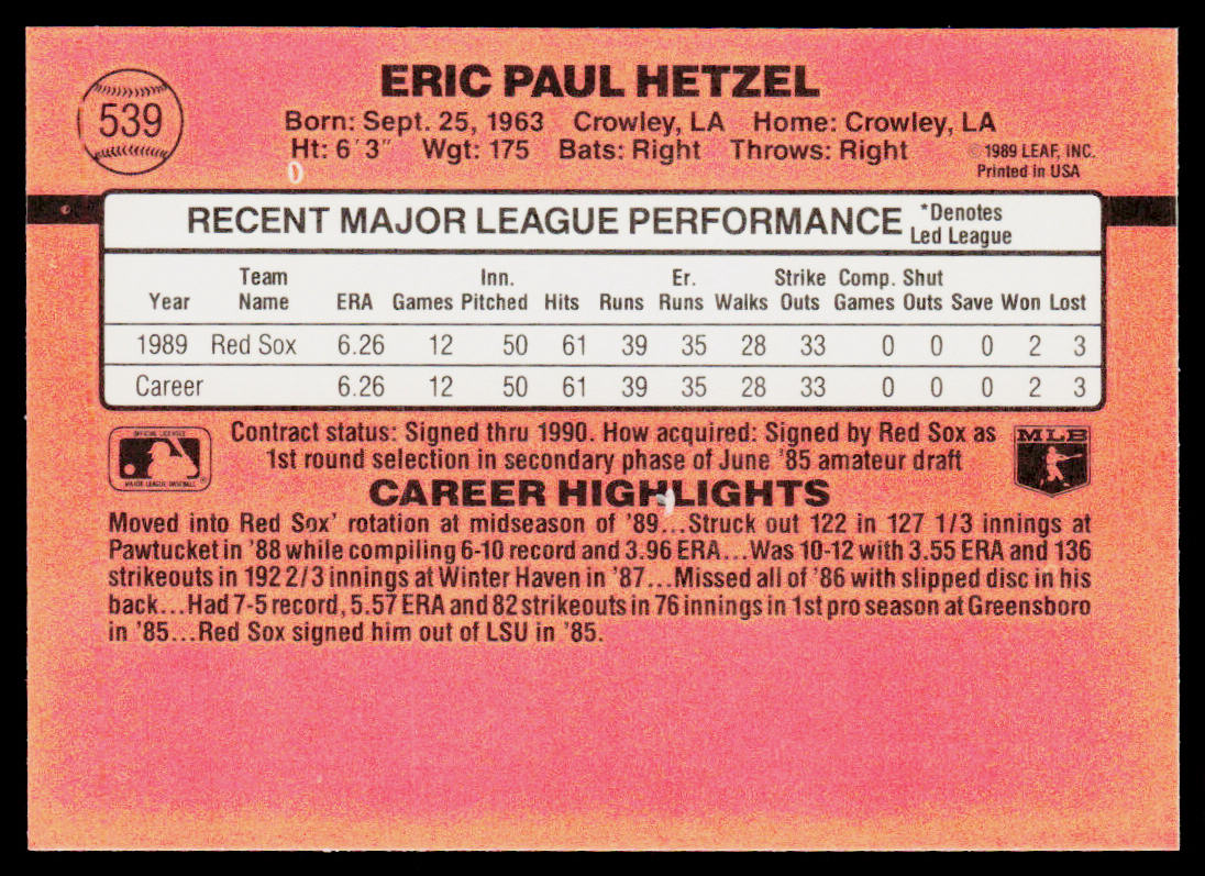 Eric Hetzel 1990 Donruss #539b Boston Red Sox