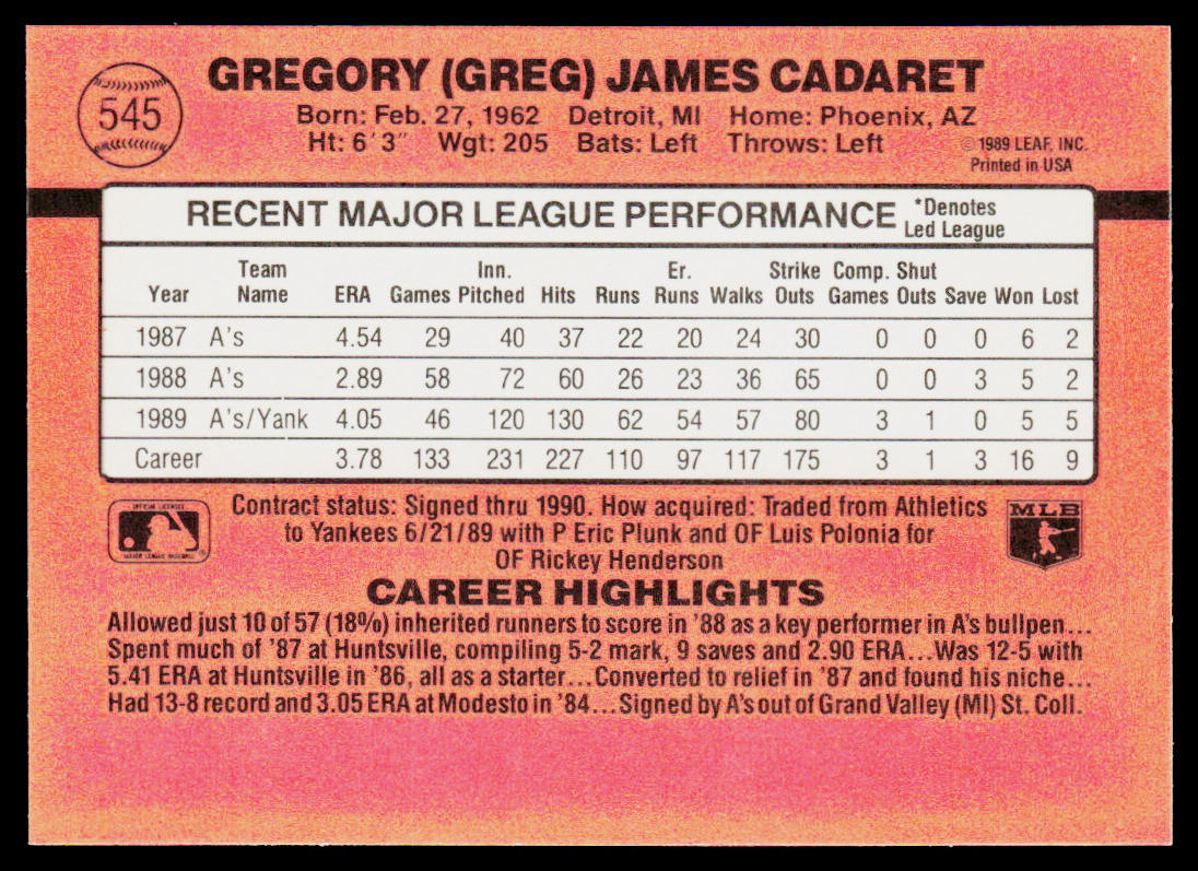 Greg Cadaret 1990 Donruss #545b New York Yankees