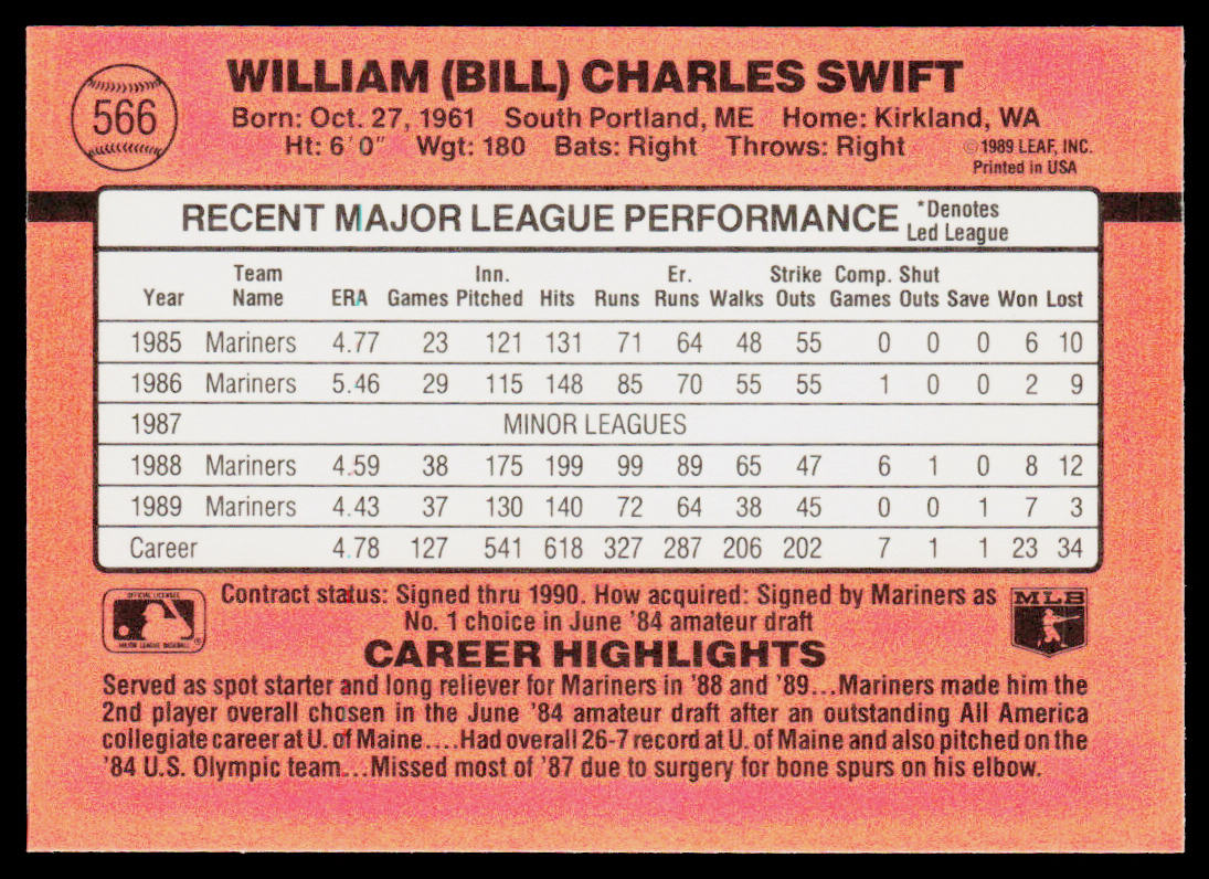 Billy Swift 1990 Donruss #566 Seattle Mariners