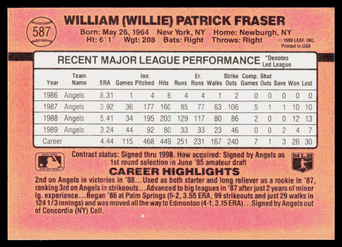 Willie Fraser 1990 Donruss #587 California Angels