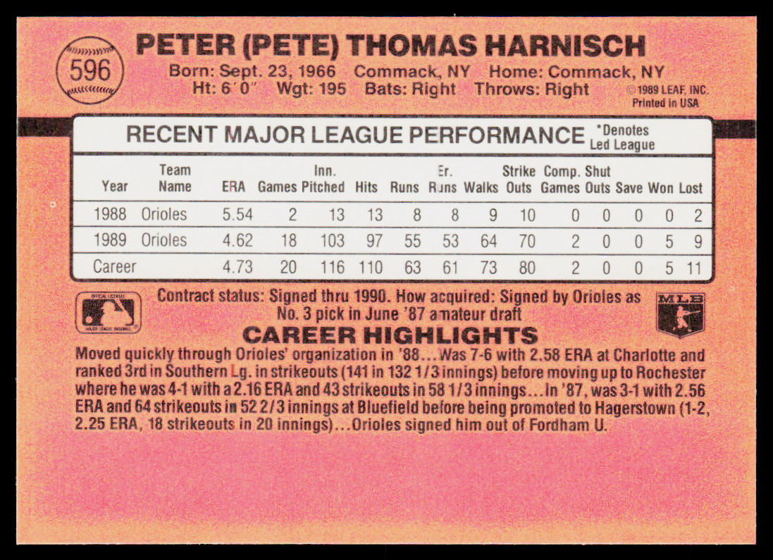 Pete Harnisch 1990 Donruss #596 Baltimore Orioles