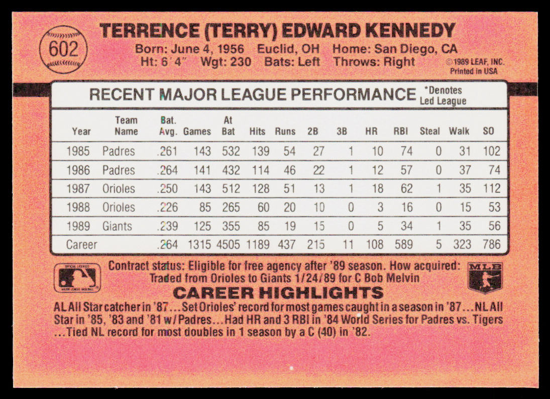 Terry Kennedy 1990 Donruss #602c San Francisco Giants