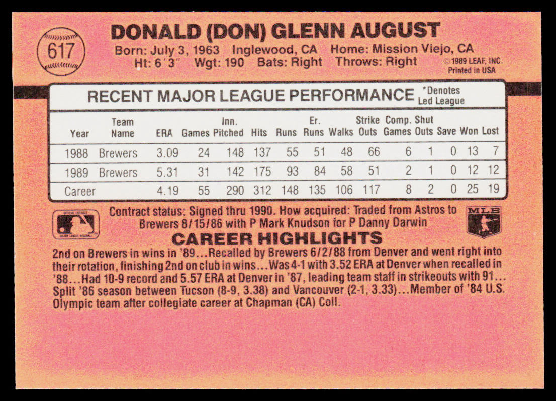 Don August 1990 Donruss #617b Milwaukee Brewers