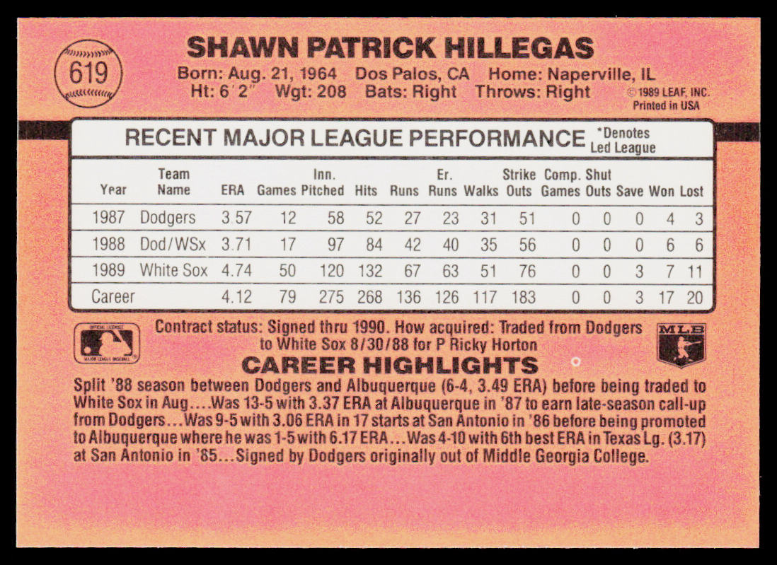 Shawn Hillegas 1990 Donruss #619c Chicago White Sox