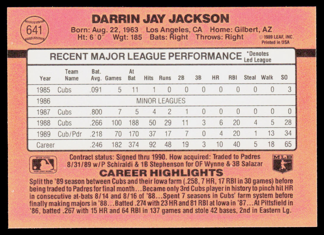 Darrin Jackson 1990 Donruss #641b San Diego Padres