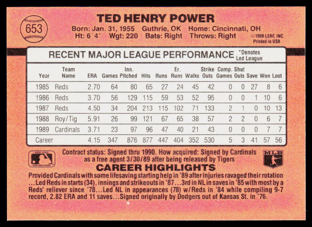 Ted Power 1990 Donruss #653 St. Louis Cardinals