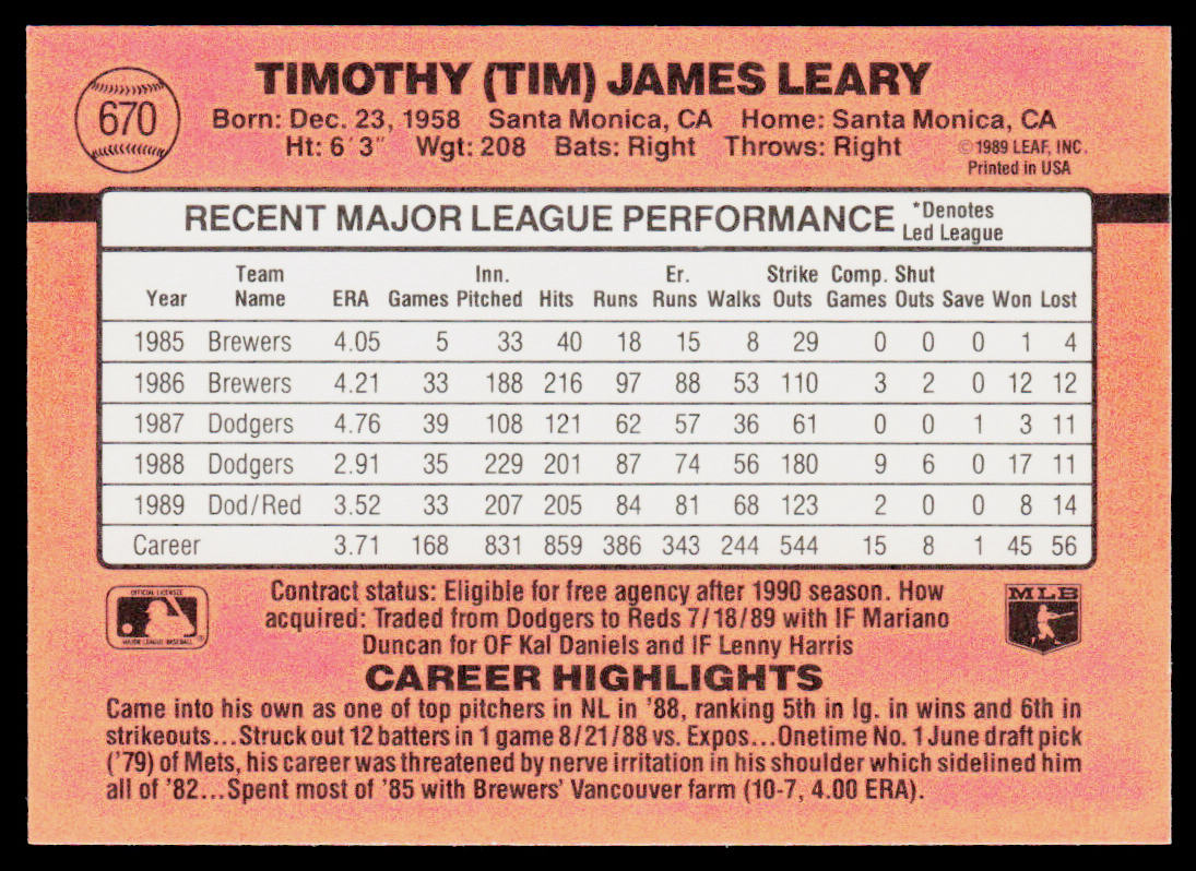 Tim Leary 1990 Donruss #670c Cincinnati Reds