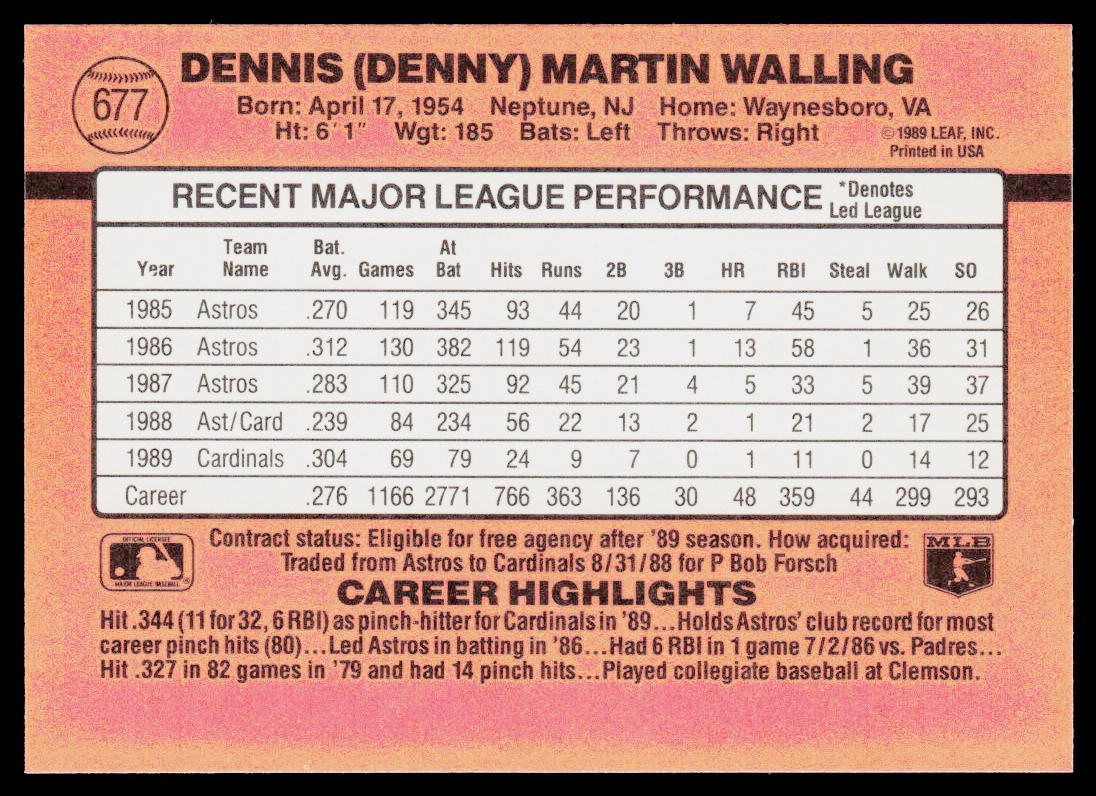 Denny Walling 1990 Donruss #677b St. Louis Cardinals