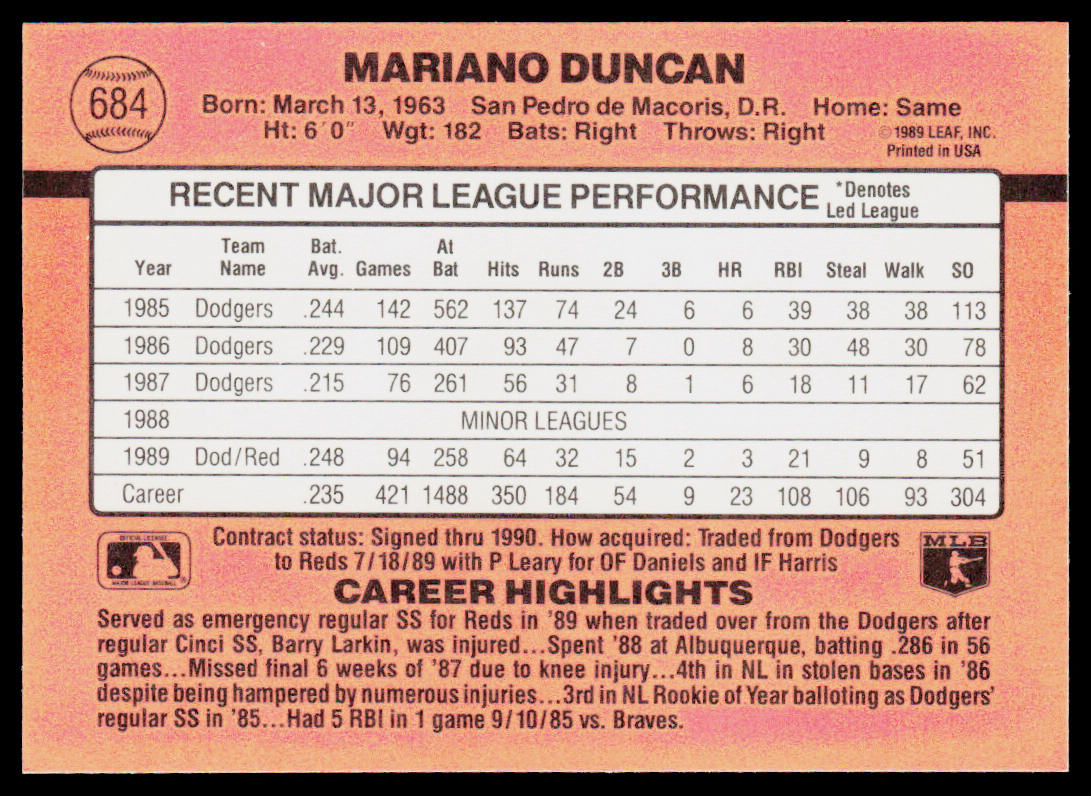 Mariano Duncan 1990 Donruss #684 Cincinnati Reds
