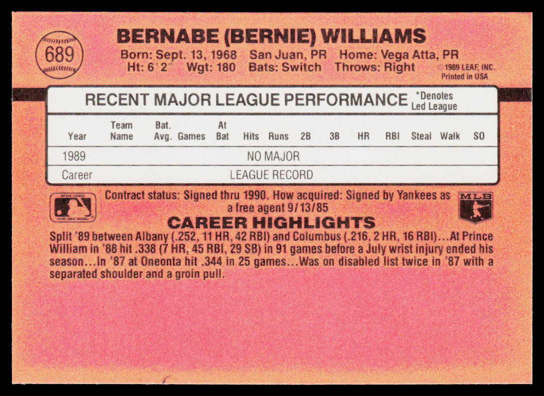 Bernie Williams 1990 Donruss #689 RC New York Yankees
