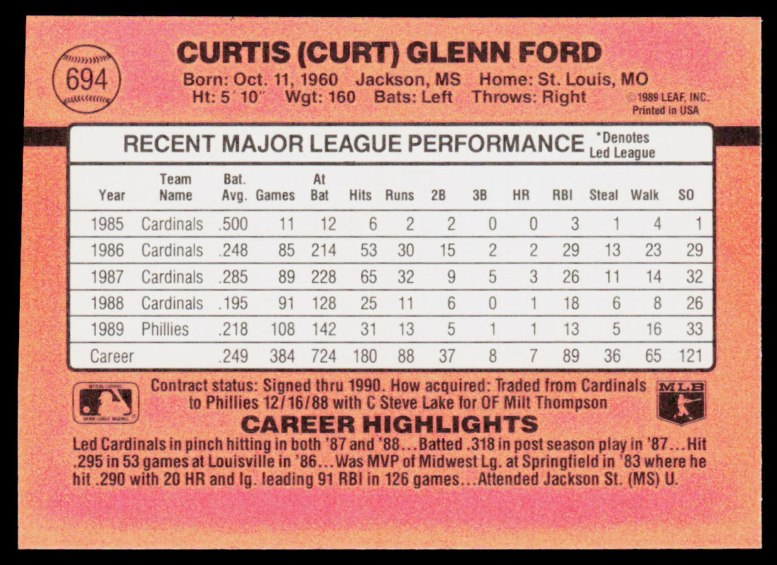 Curt Ford 1990 Donruss #694 Philadelphia Phillies