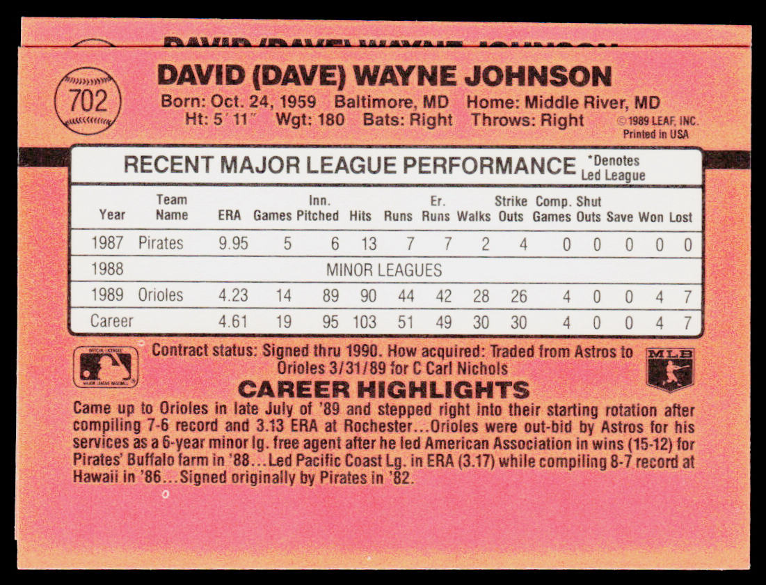 Dave Johnson 1990 Donruss #702b RC Baltimore Orioles