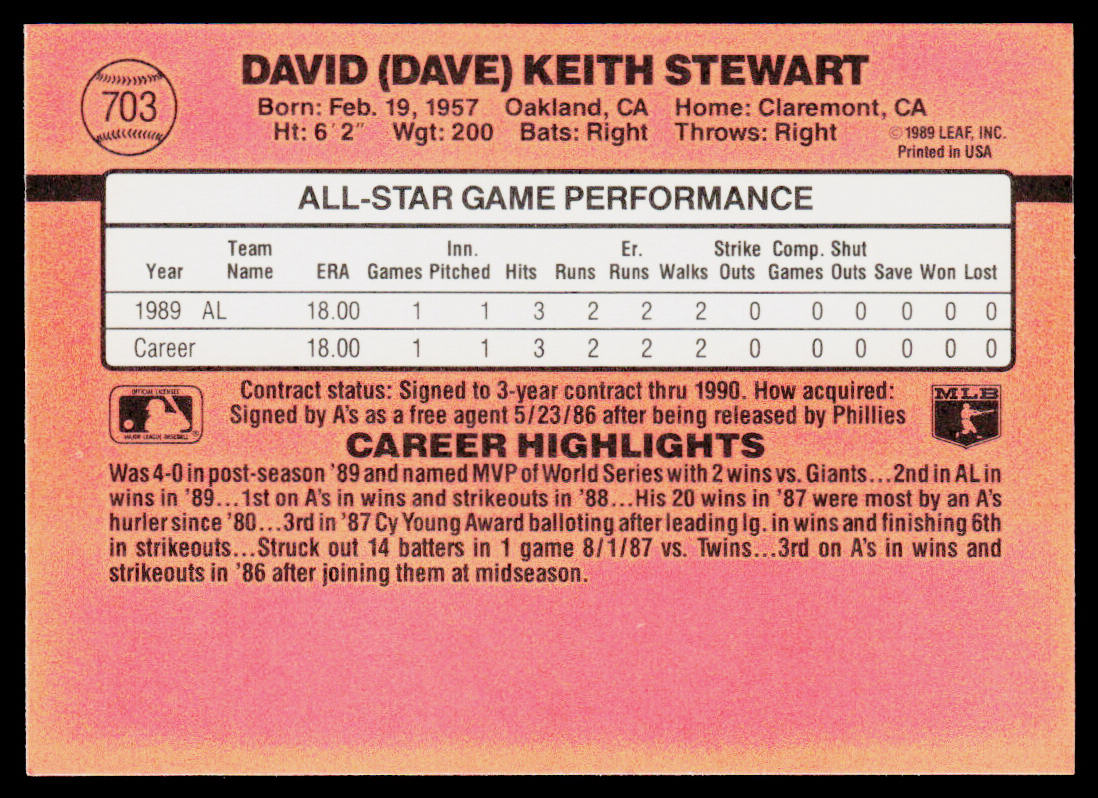 Dave Stewart 1990 Donruss #703b ERR Oakland Athletics