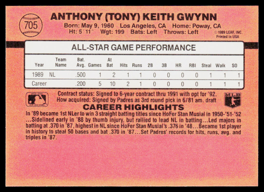 Tony Gwynn 1990 Donruss #705e San Diego Padres