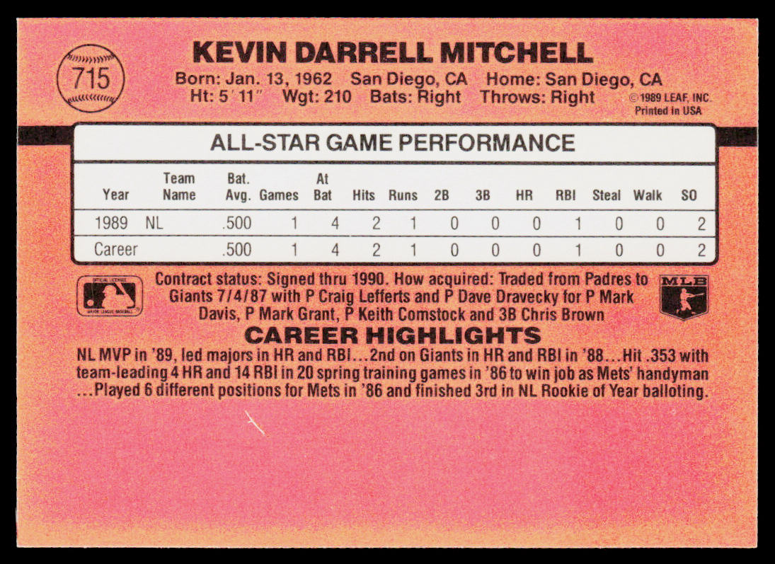 Kevin Mitchell 1990 Donruss #715e San Francisco Giants