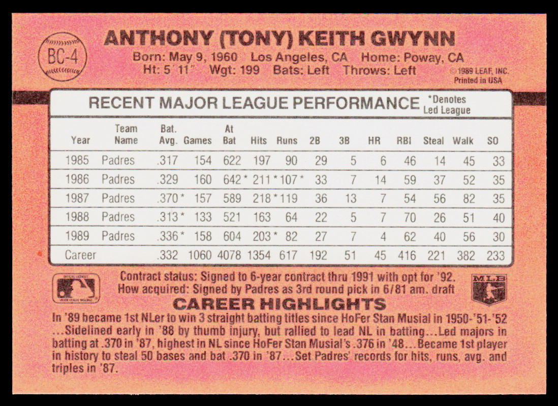 Tony Gwynn 1990 Donruss Bonus MVP's #BC-4 San Diego Padres