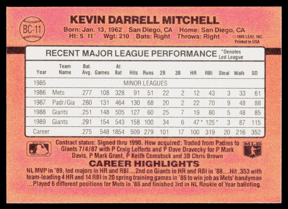 Kevin Mitchell 1990 Donruss Bonus MVP's #BC-11 San Francisco Giants