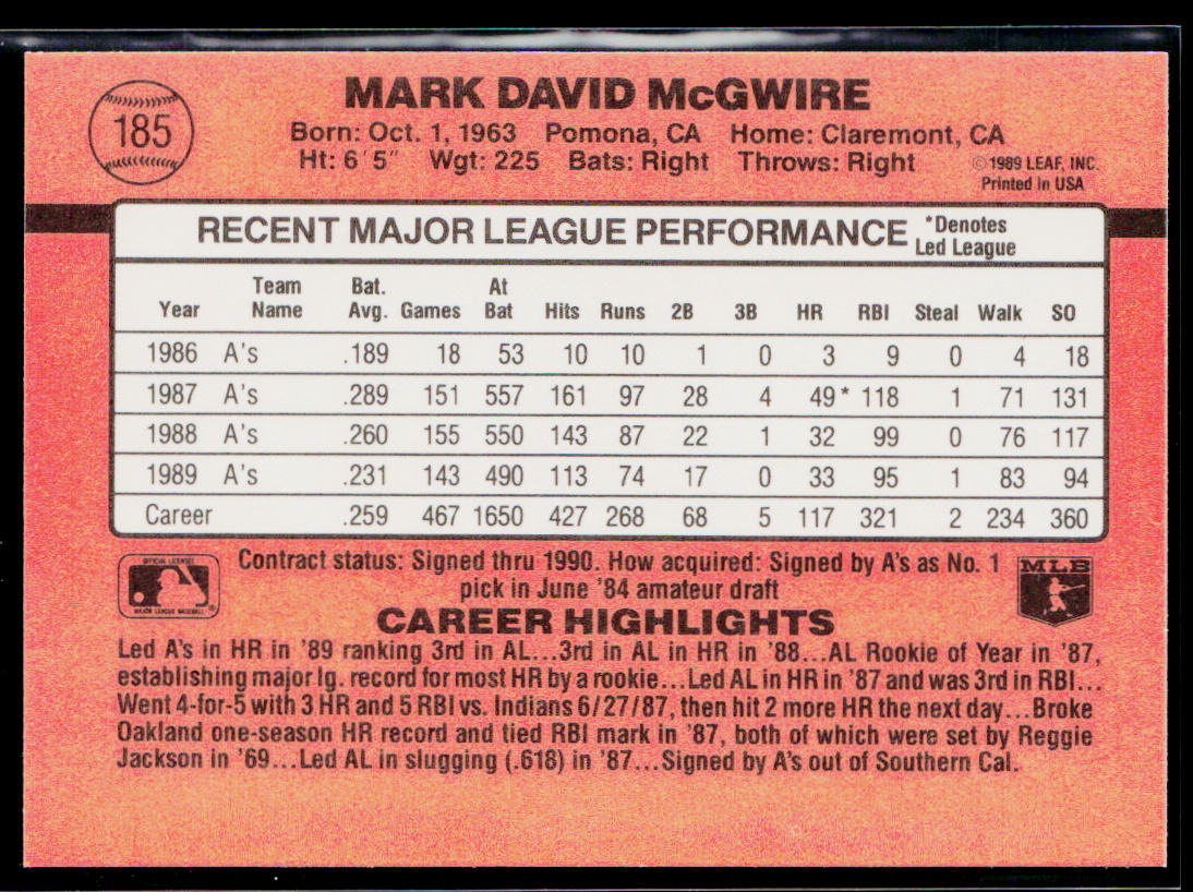 Mark McGwire 1990 Donruss #185 Oakland Athletics