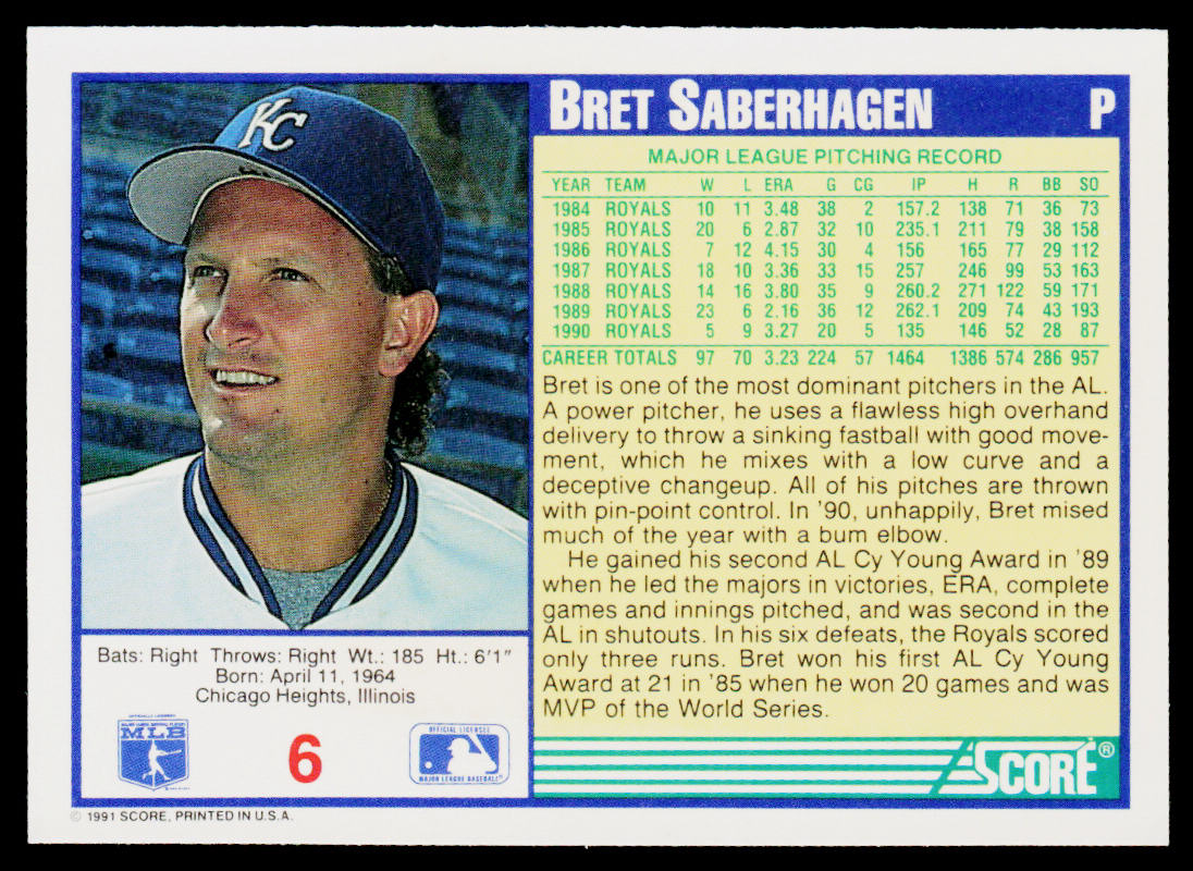 Bret Saberhagen 1991 Score #6 Kansas City Royals