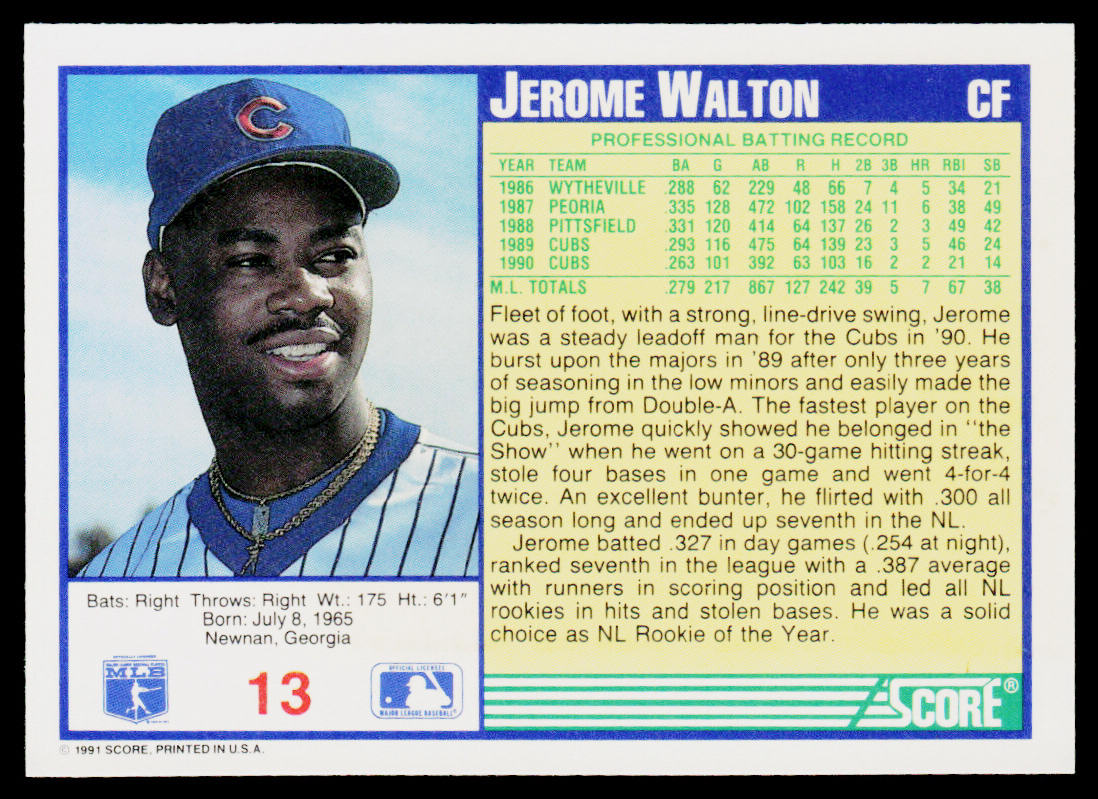 Jerome Walton 1991 Score #13 Chicago Cubs