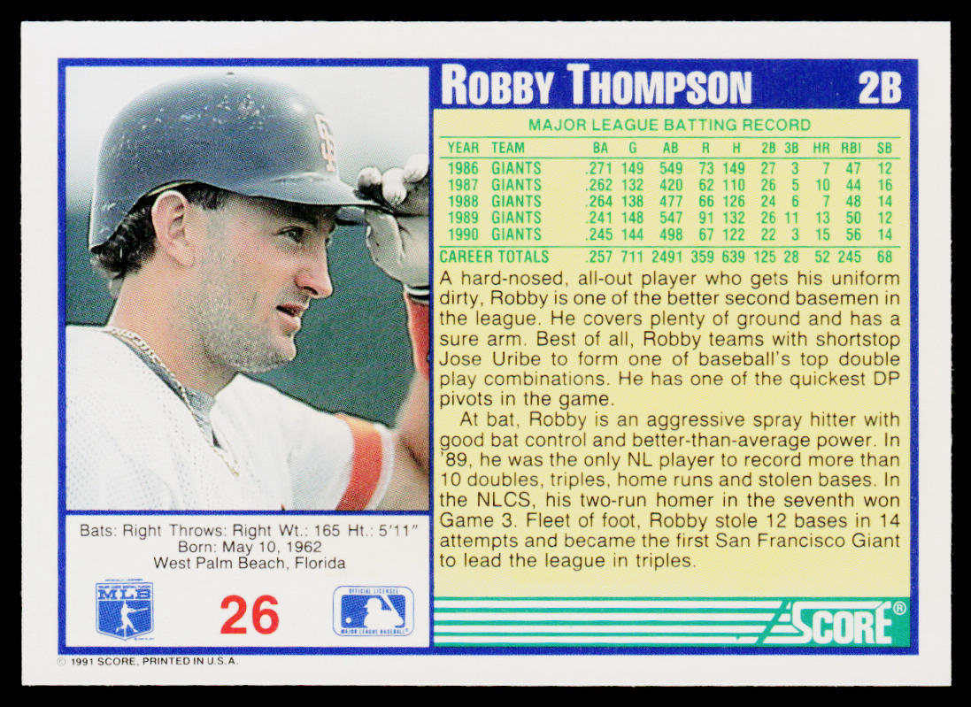 Robby Thompson 1991 Score #26 San Francisco Giants