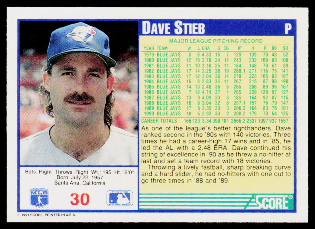 Dave Stieb 1991 Score #30 Toronto Blue Jays
