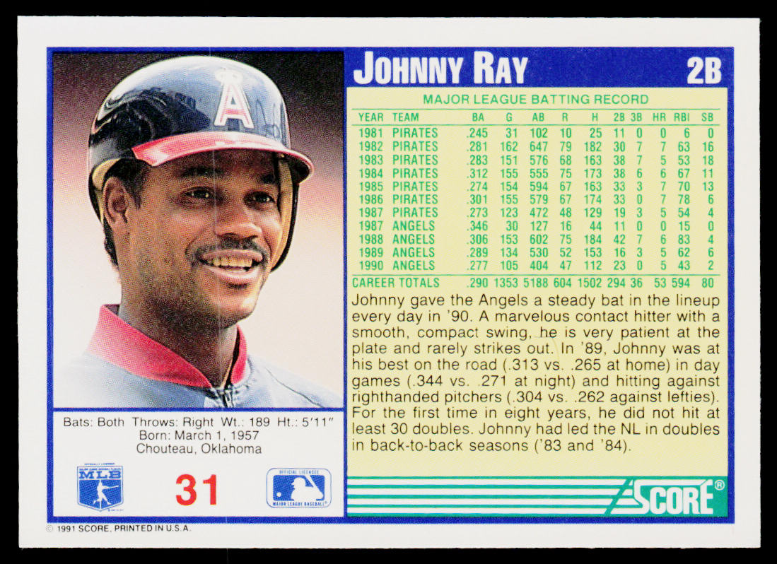 Johnny Ray 1991 Score #31 California Angels