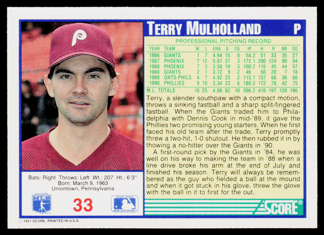 Terry Mulholland 1991 Score #33 Philadelphia Phillies