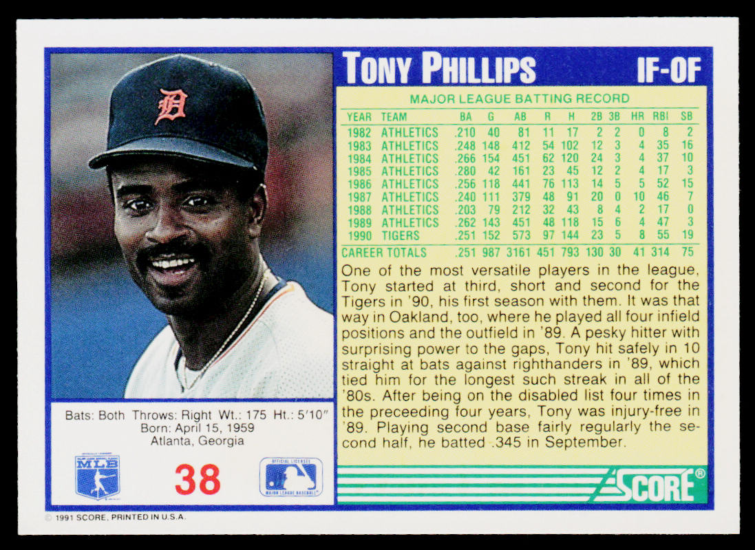 Tony Phillips 1991 Score #38 Detroit Tigers