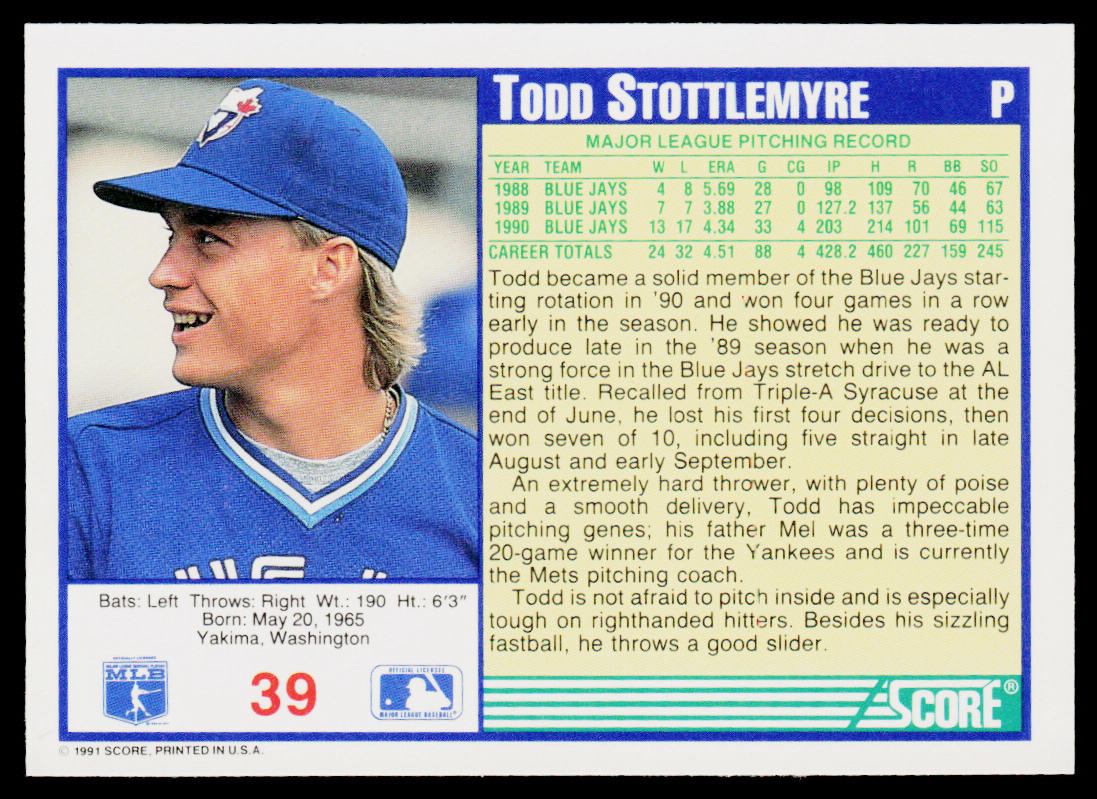 Todd Stottlemyre 1991 Score #39 Toronto Blue Jays