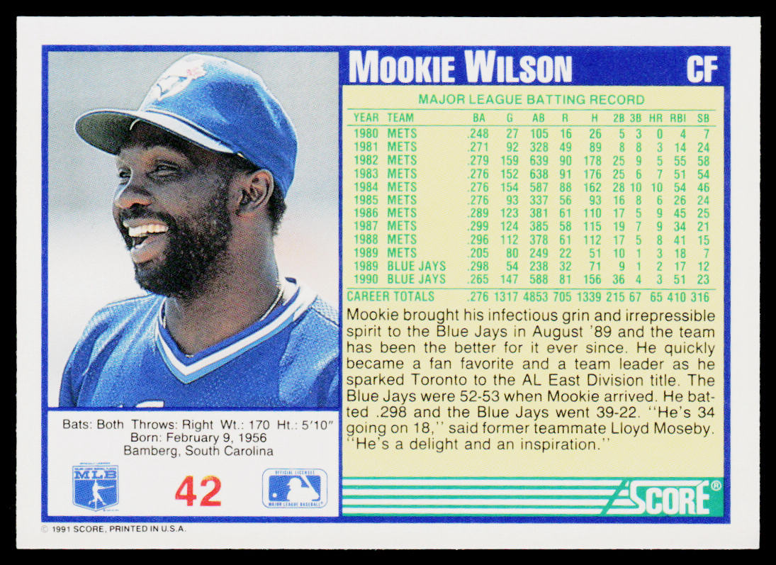 Mookie Wilson 1991 Score #42 Toronto Blue Jays