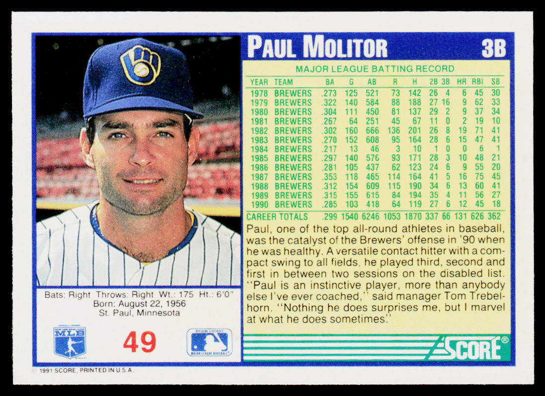 Paul Molitor 1991 Score #49 Milwaukee Brewers