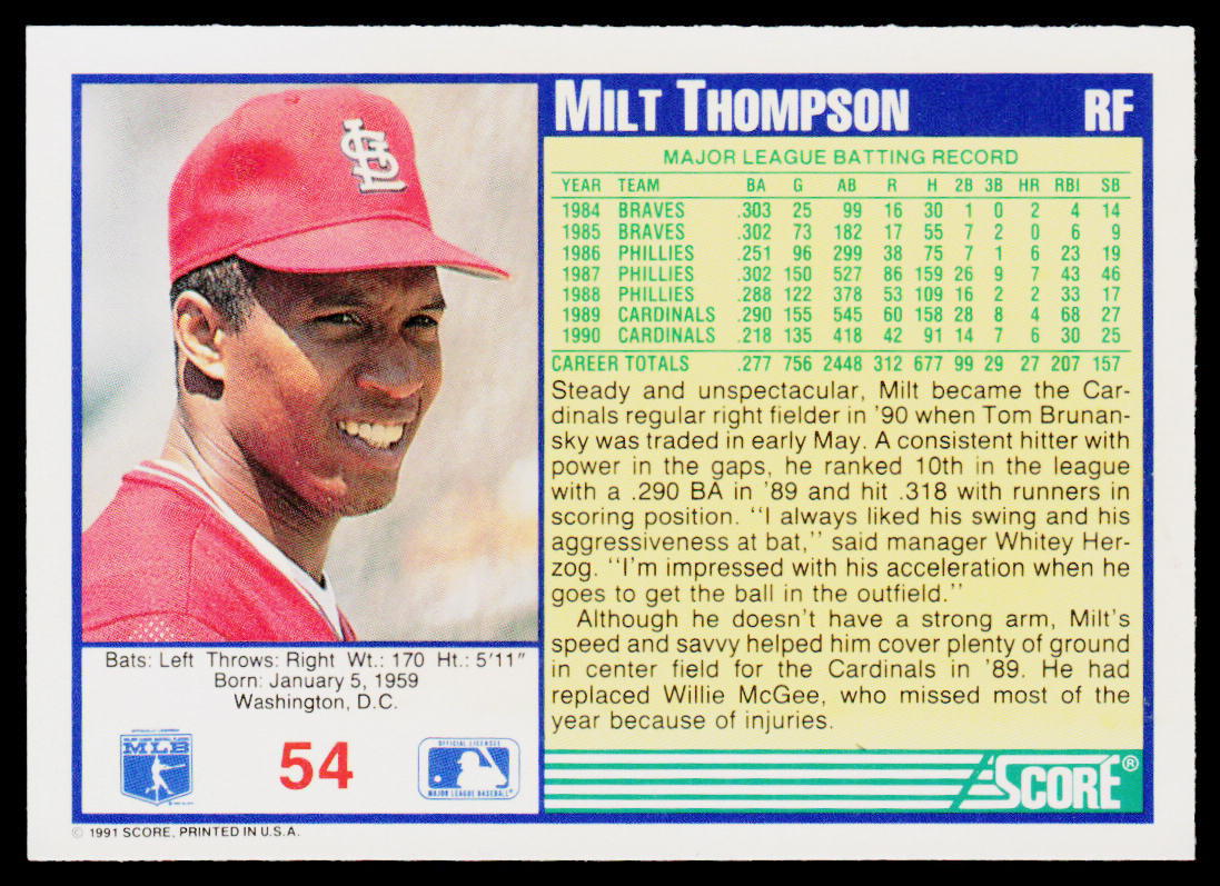 Milt Thompson 1991 Score #54 St. Louis Cardinals