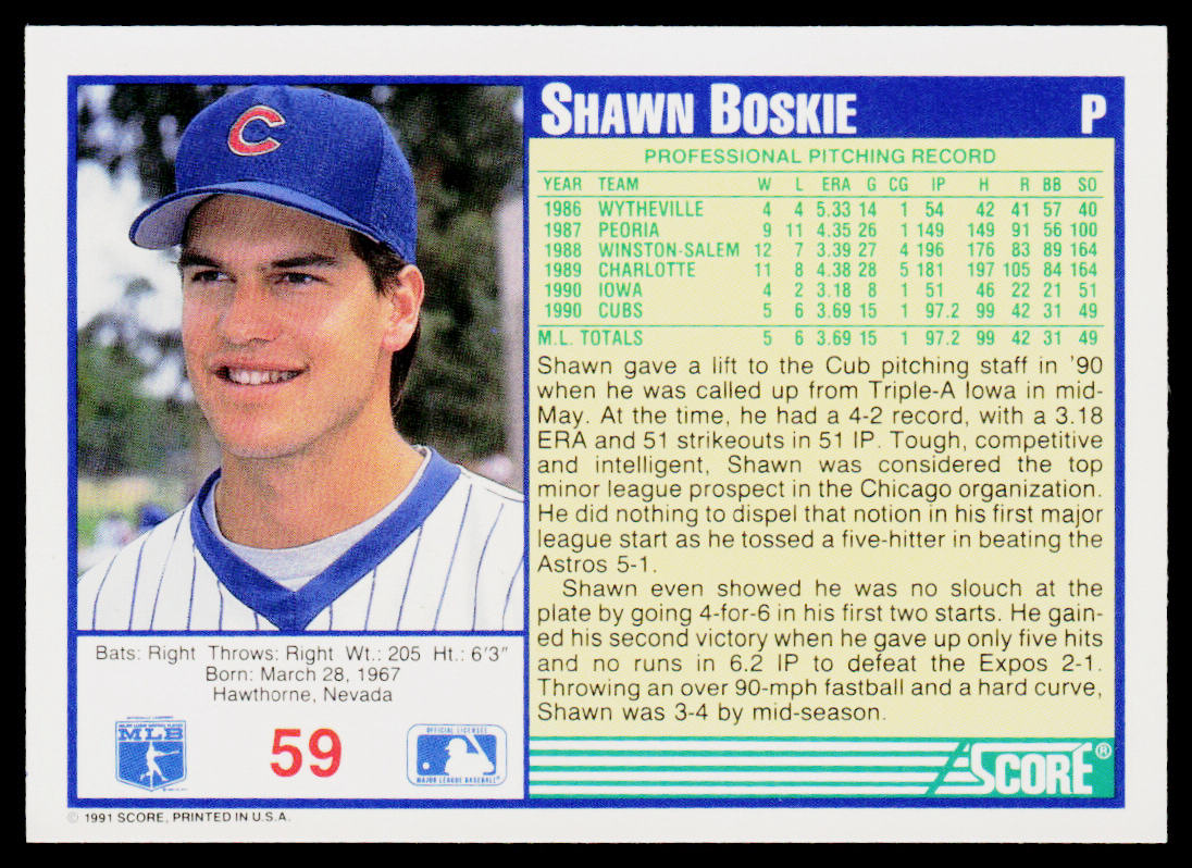 Shawn Boskie 1991 Score #59 Chicago Cubs