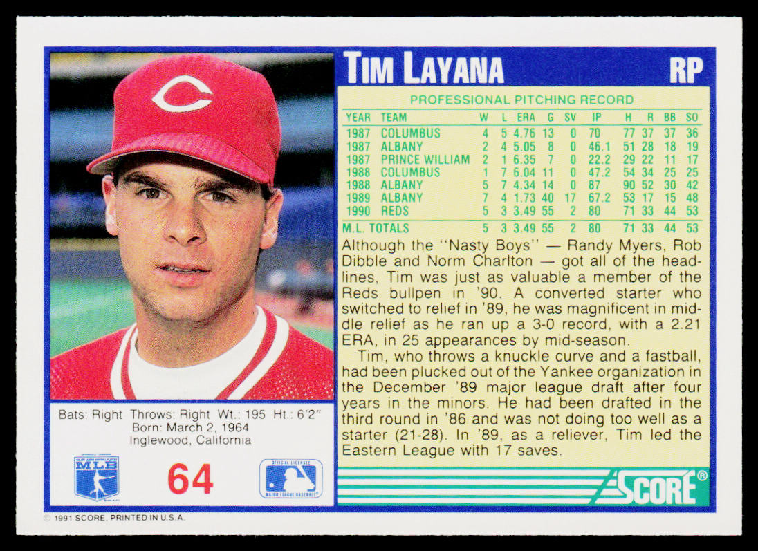 Tim Layana 1991 Score #64 Cincinnati Reds
