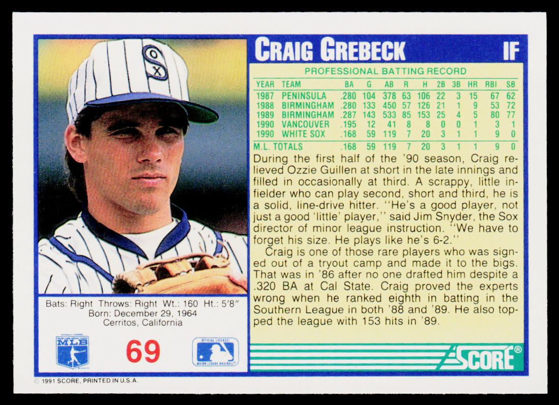 Craig Grebeck 1991 Score #69 Chicago White Sox