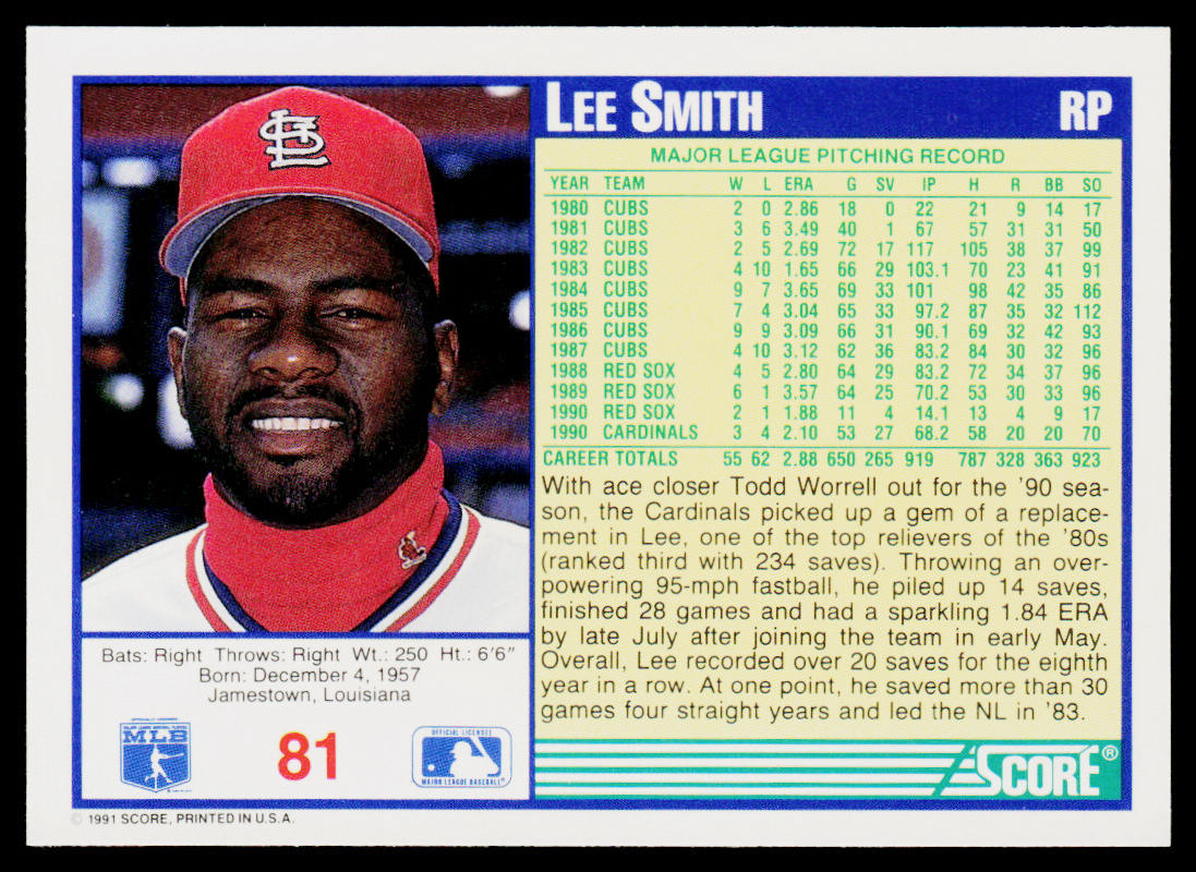 Lee Smith 1991 Score #81 St. Louis Cardinals