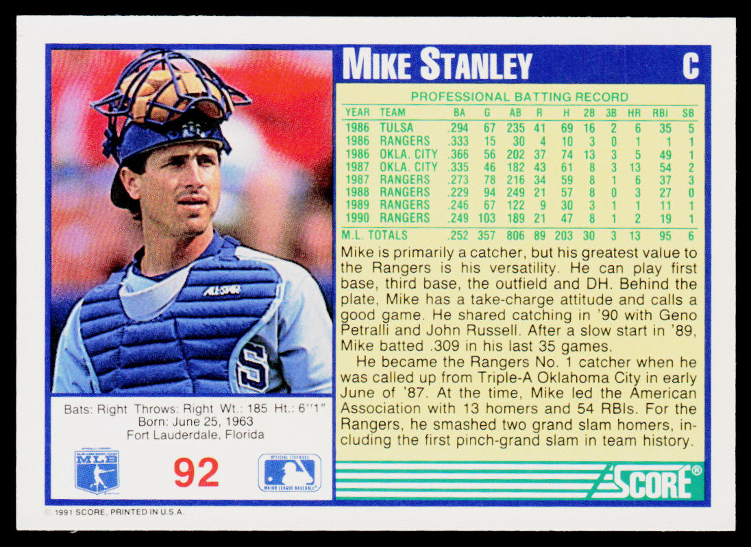 Mike Stanley 1991 Score #92 Texas Rangers