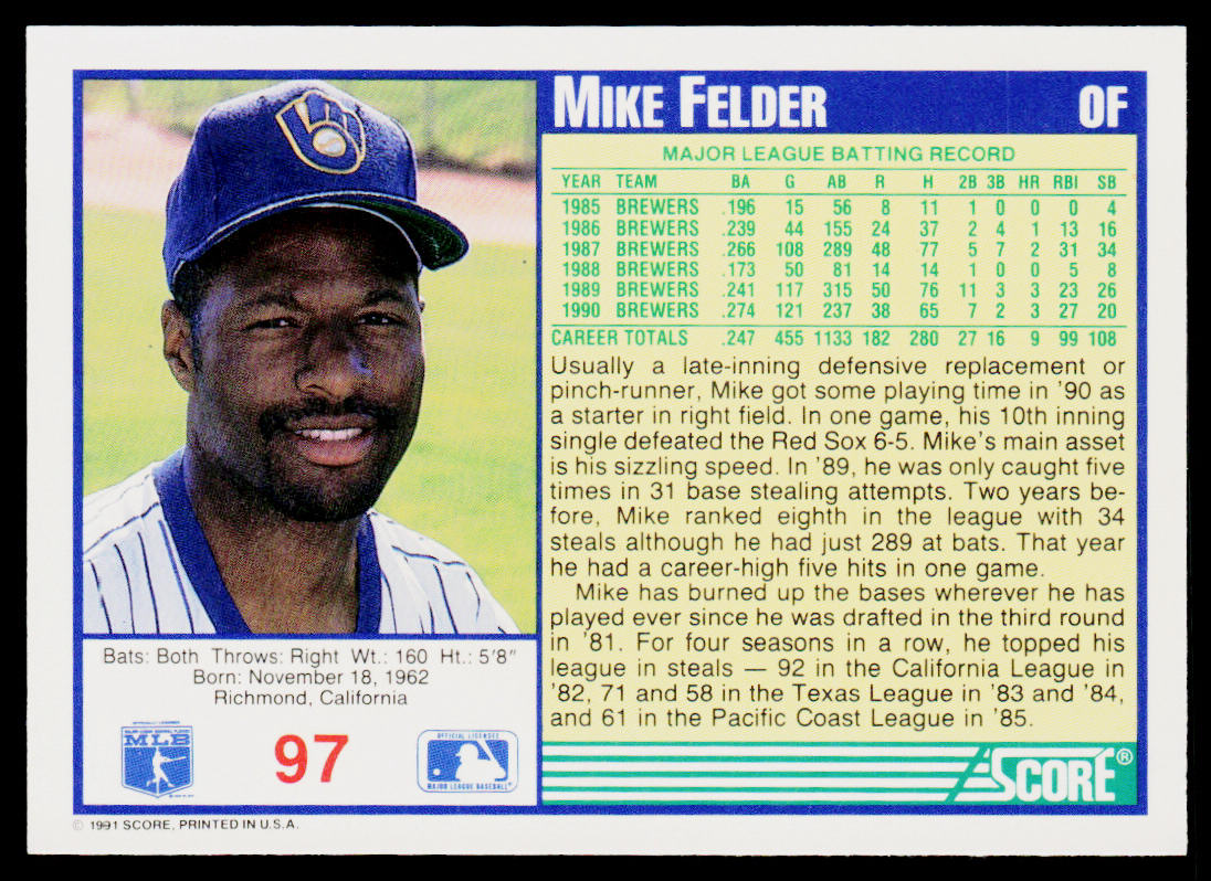 Mike Felder 1991 Score #97 Milwaukee Brewers