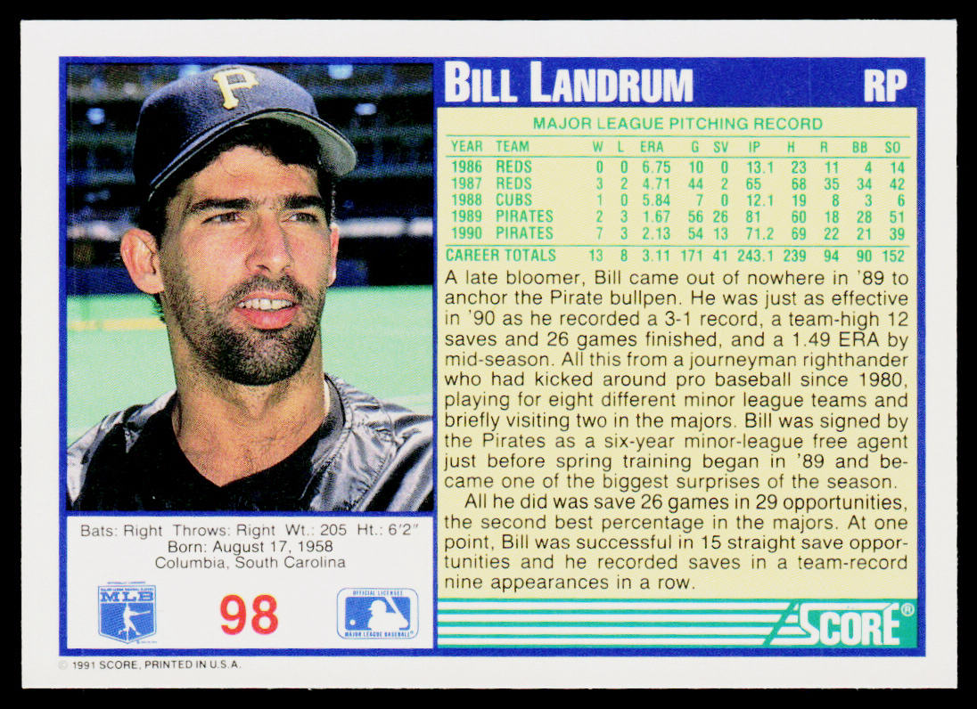 Bill Landrum 1991 Score #98 Pittsburgh Pirates
