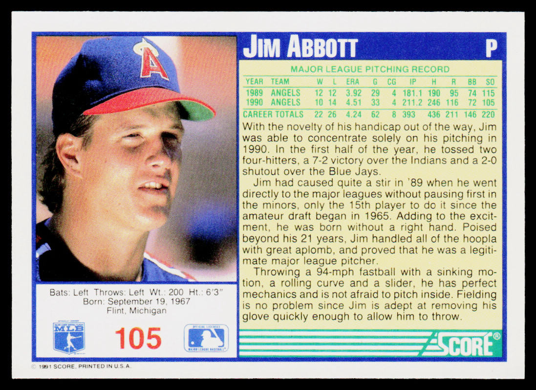 Jim Abbott 1991 Score Promos #105 California Angels