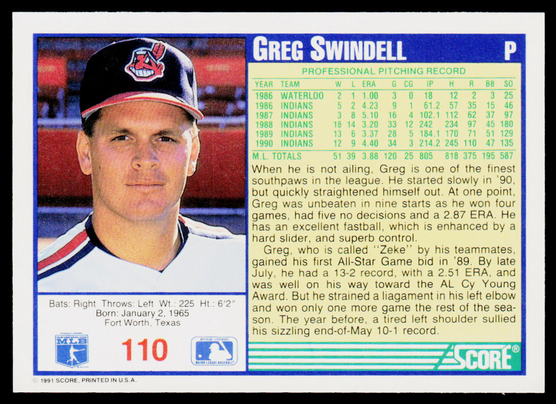 Greg Swindell 1991 Score #110 Cleveland Indians
