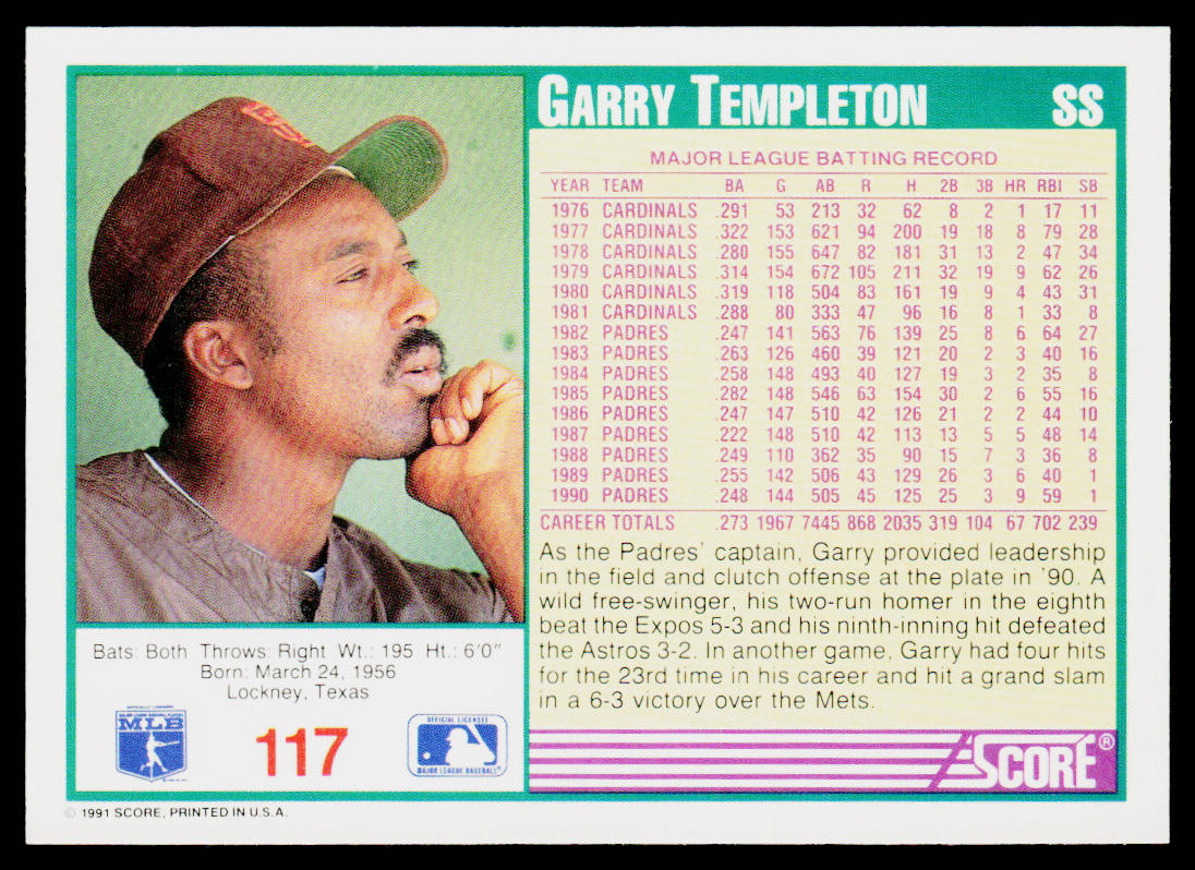 Garry Templeton 1991 Score Promos #117 San Diego Padres