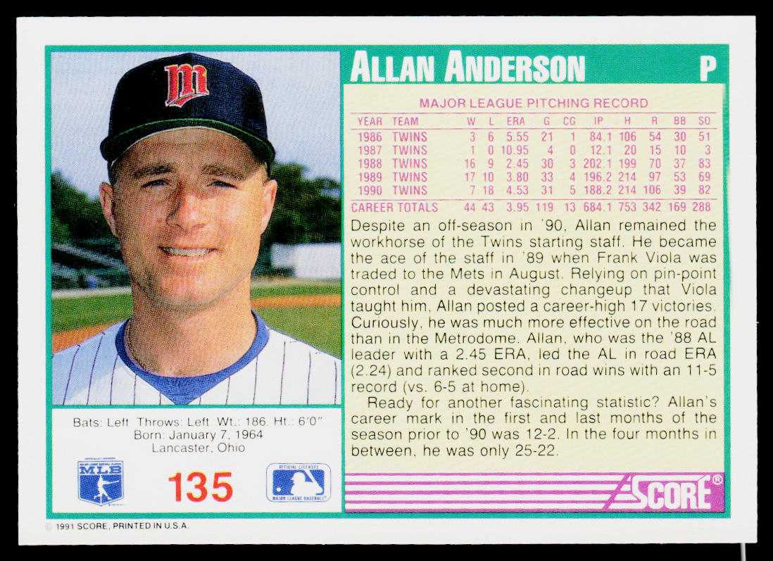 Allan Anderson 1991 Score #135 Minnesota Twins