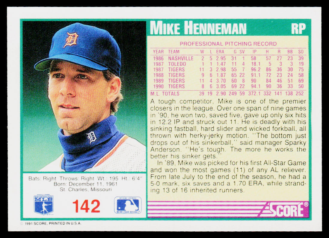 Mike Henneman 1991 Score #142 Detroit Tigers