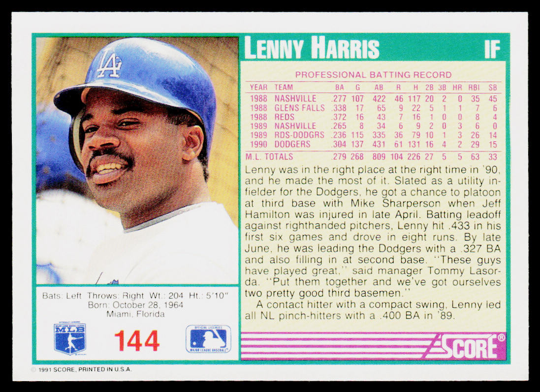 Lenny Harris 1991 Score Promos #144 Los Angeles Dodgers