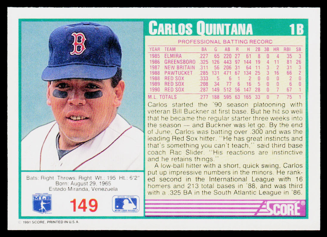 Carlos Quintana 1991 Score #149 Boston Red Sox
