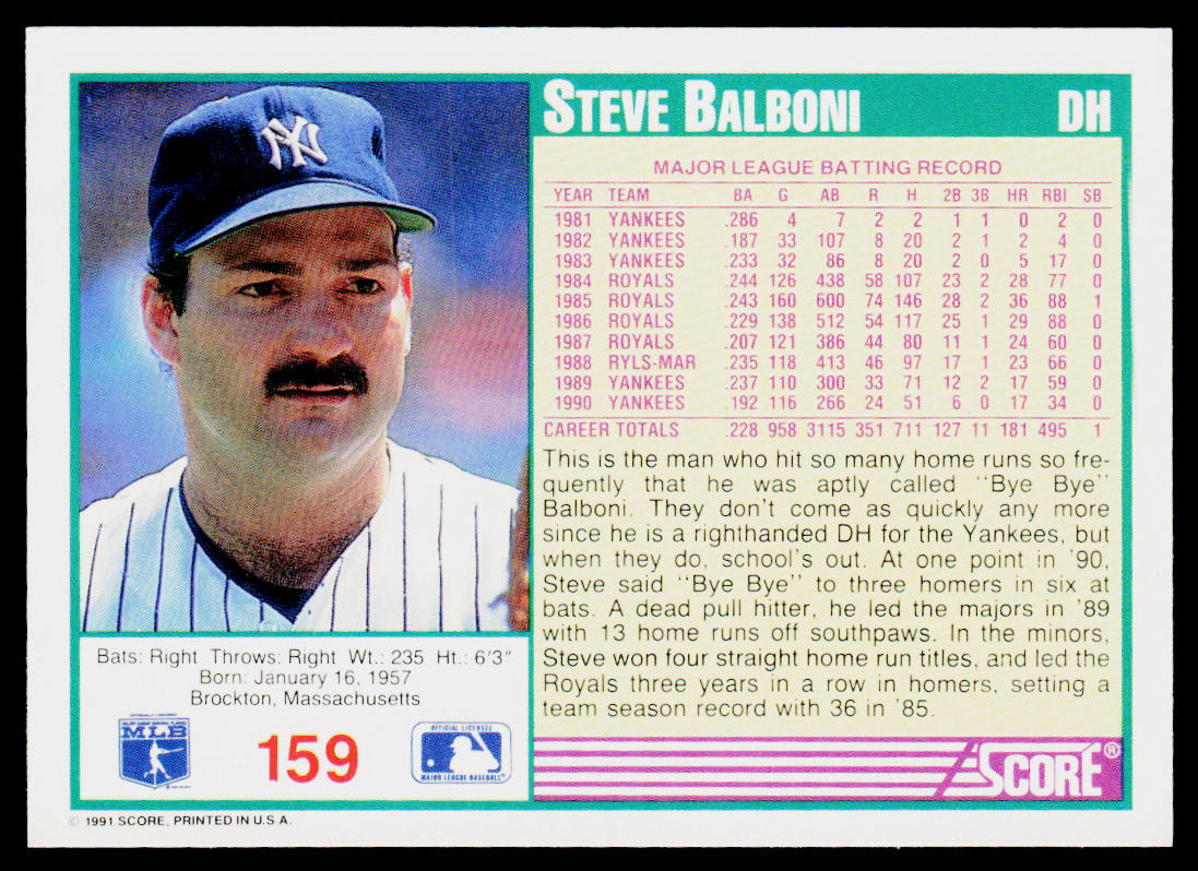 Steve Balboni 1991 Score #159 New York Yankees