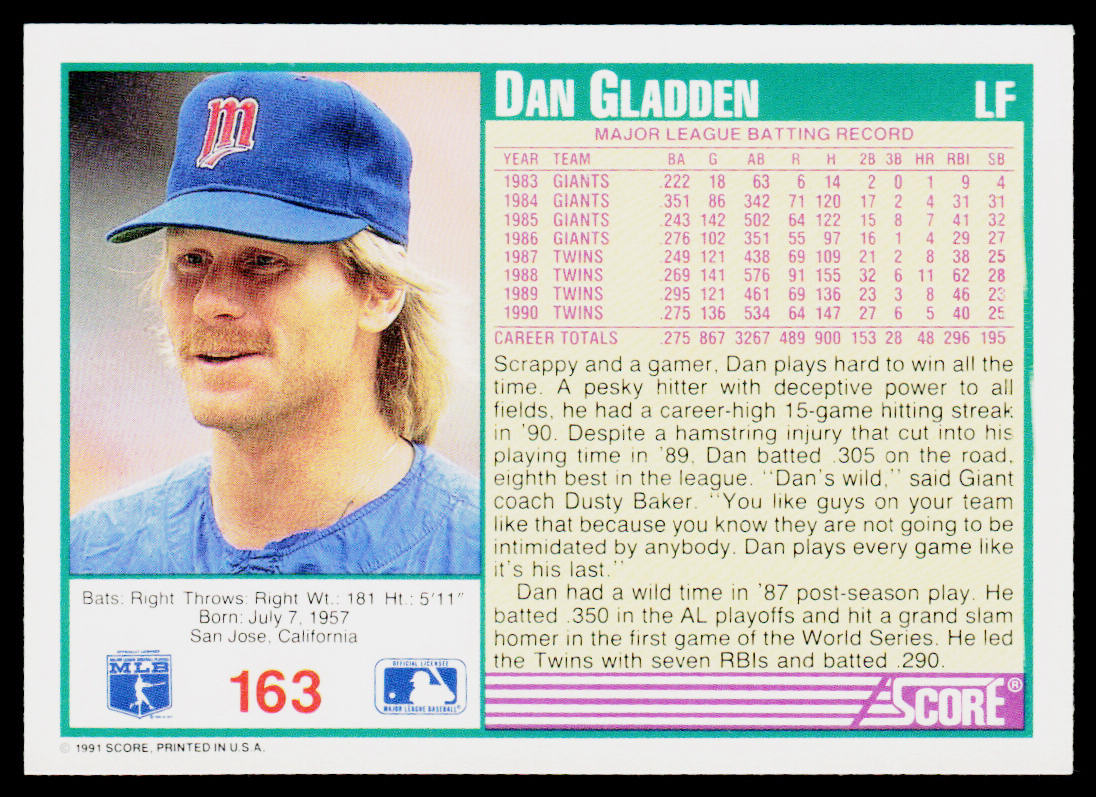Dan Gladden 1991 Score #163 Minnesota Twins
